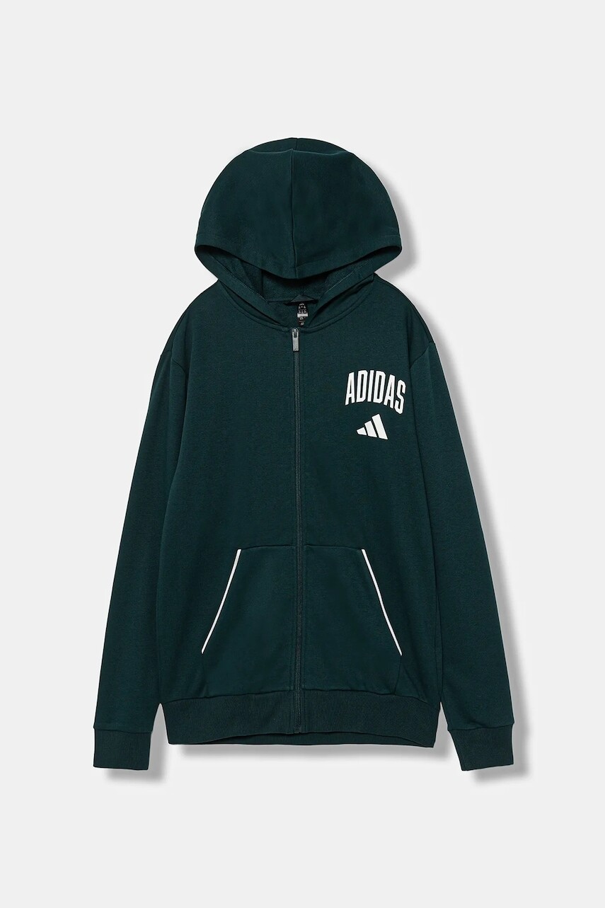 Detská mikina adidas zelená farba, s kapucňou, s potlačou, JW2389