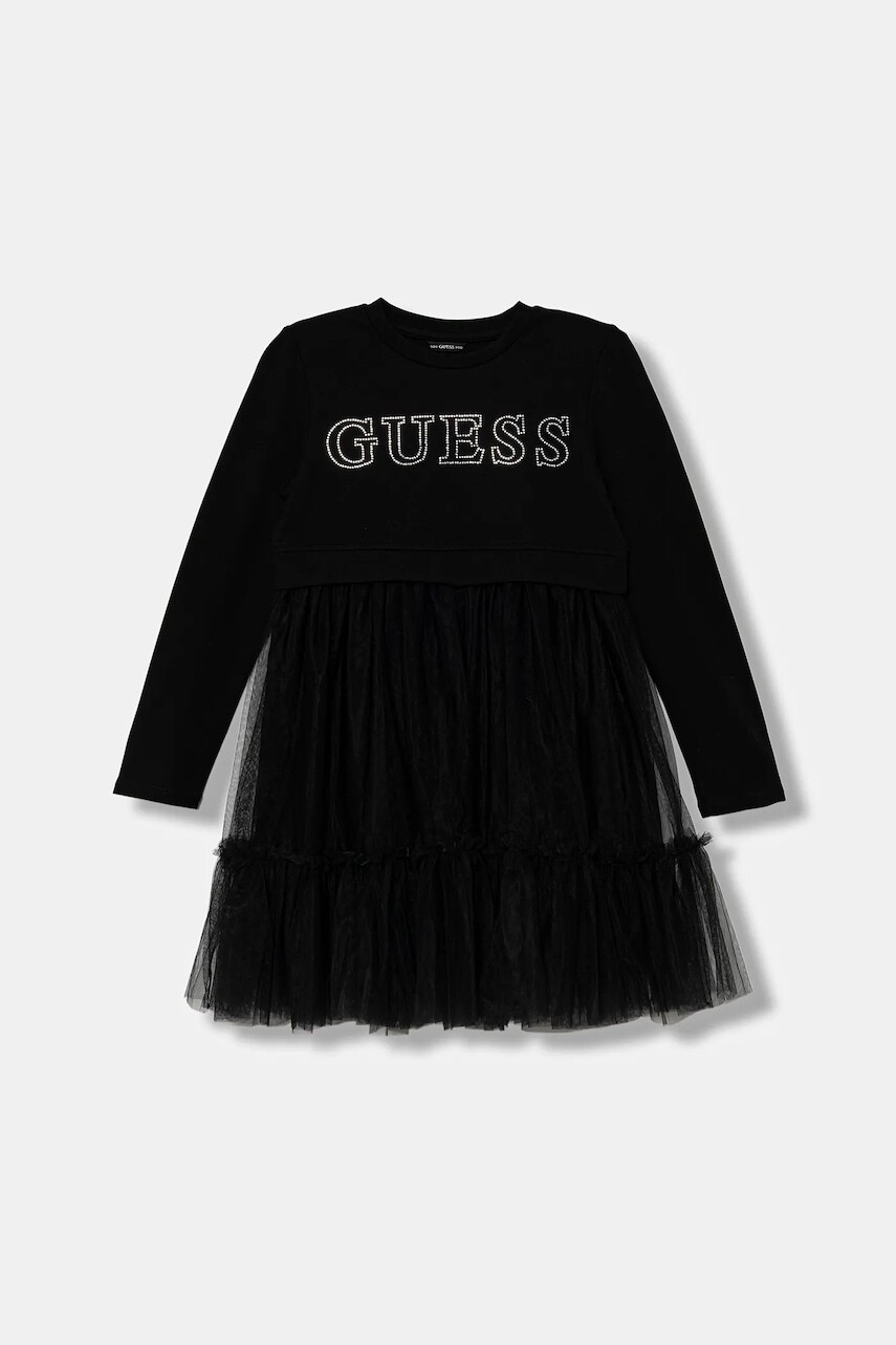 Dievčenské šaty Guess čierna farba, mini, áčkový strih, J5YK03 KAUH0
