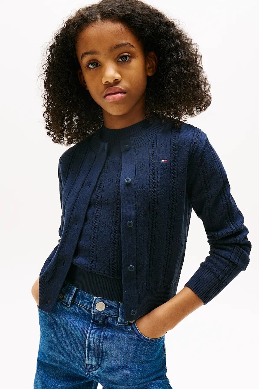 Detský bavlnený kardigan Tommy Hilfiger tmavomodrá farba, ľahký, KG0KG08677