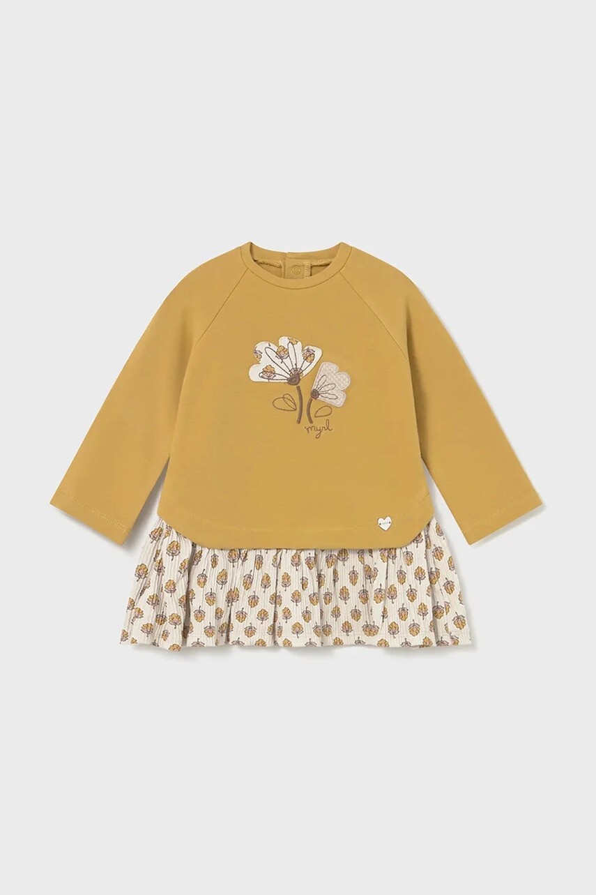 Šaty pre bábätká Mayoral žltá farba, mini, áčkový strih, 2914