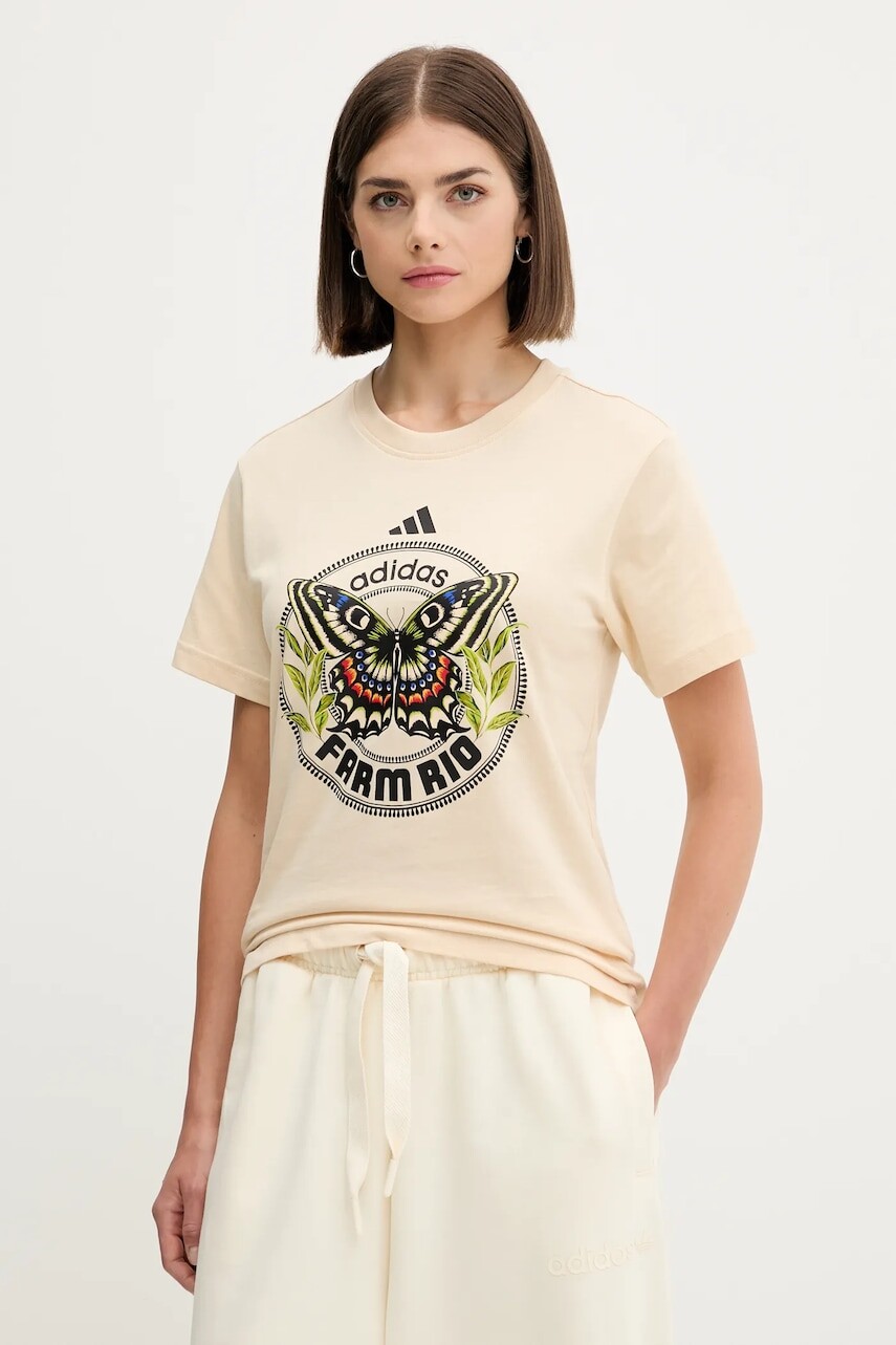 Bavlnené tričko adidas x Farm Rio dámske, béžová farba, JL8614