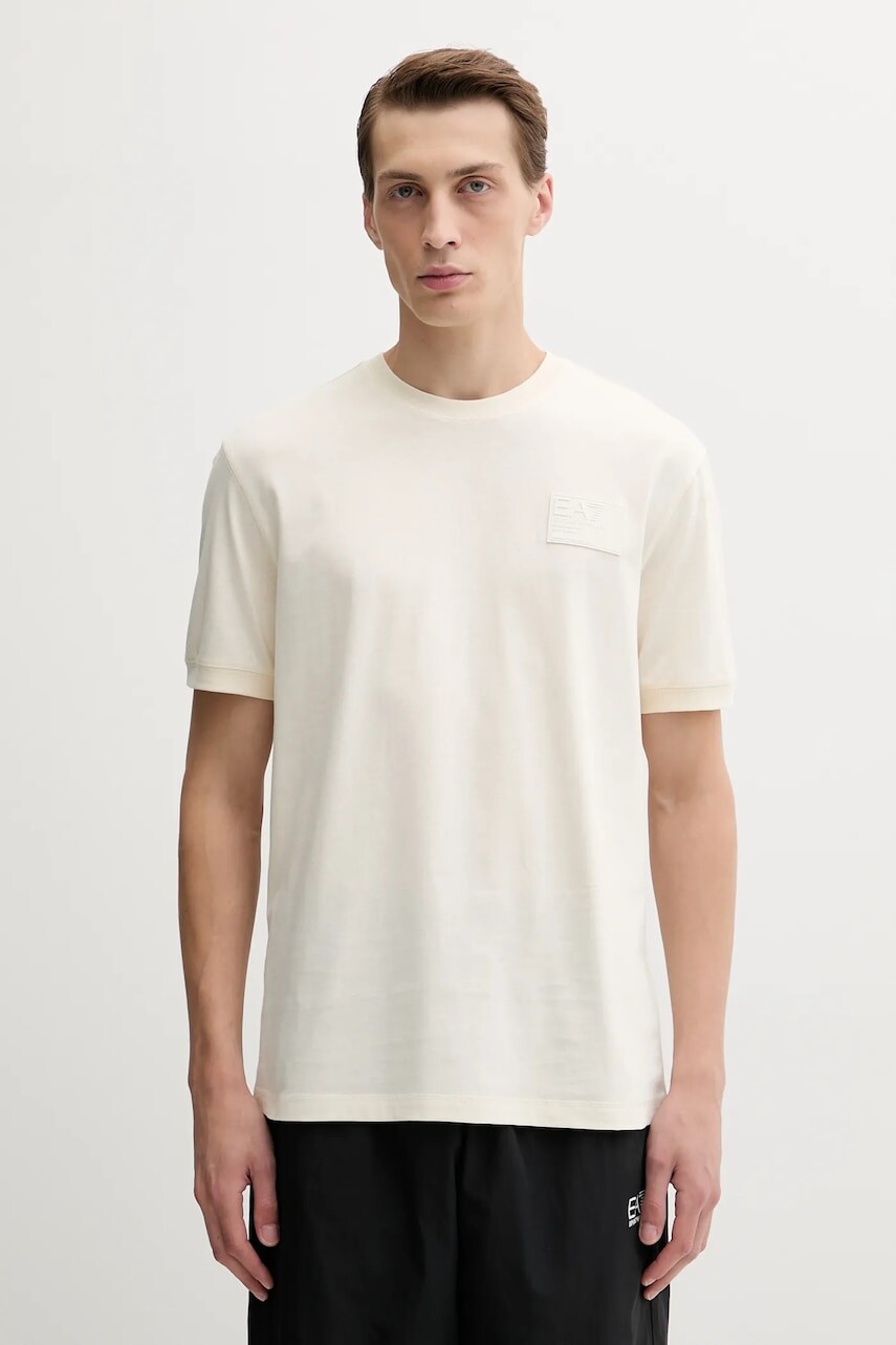 Bavlnené tričko EA7 Emporio Armani pánske, béžová farba, s nášivkou, AF13741.7X000127