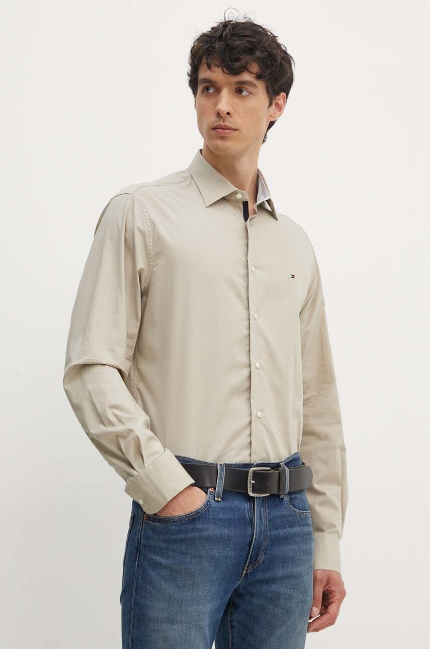 Bavlnená košeľa Tommy Hilfiger pánska, béžová farba, regular, s klasickým golierom, MW0MW35810