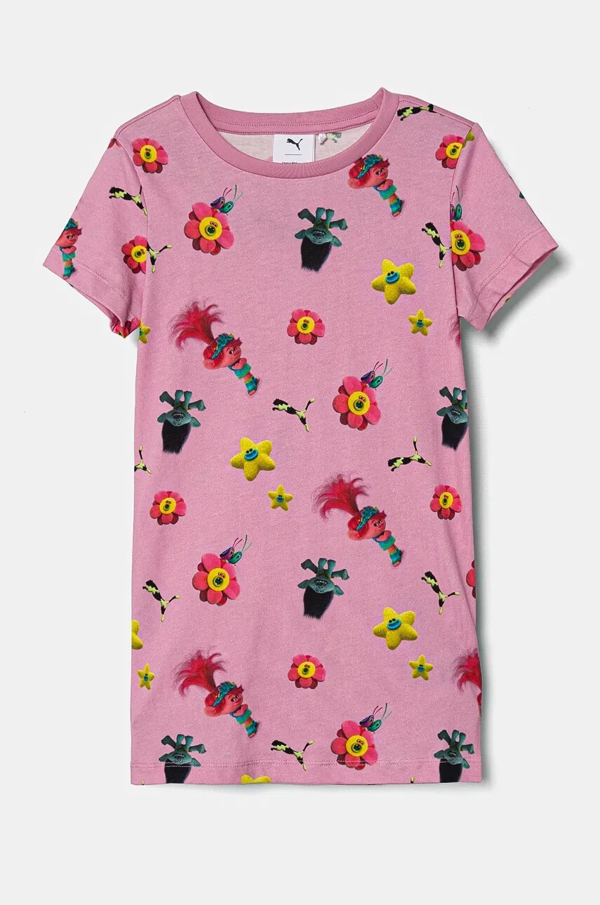 Detské bavlnené tričko Puma X TROLLS Elongated Tee ružová farba, 627381