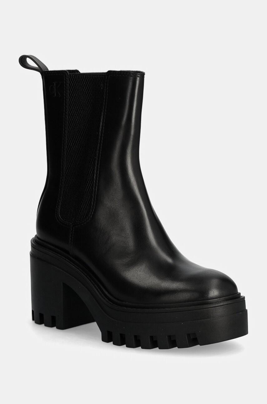 Členkové topánky Calvin Klein Jeans CHUNKY HEELED CHELSEA LTH dámske, čierna farba, na podpätku, YW0YW01547