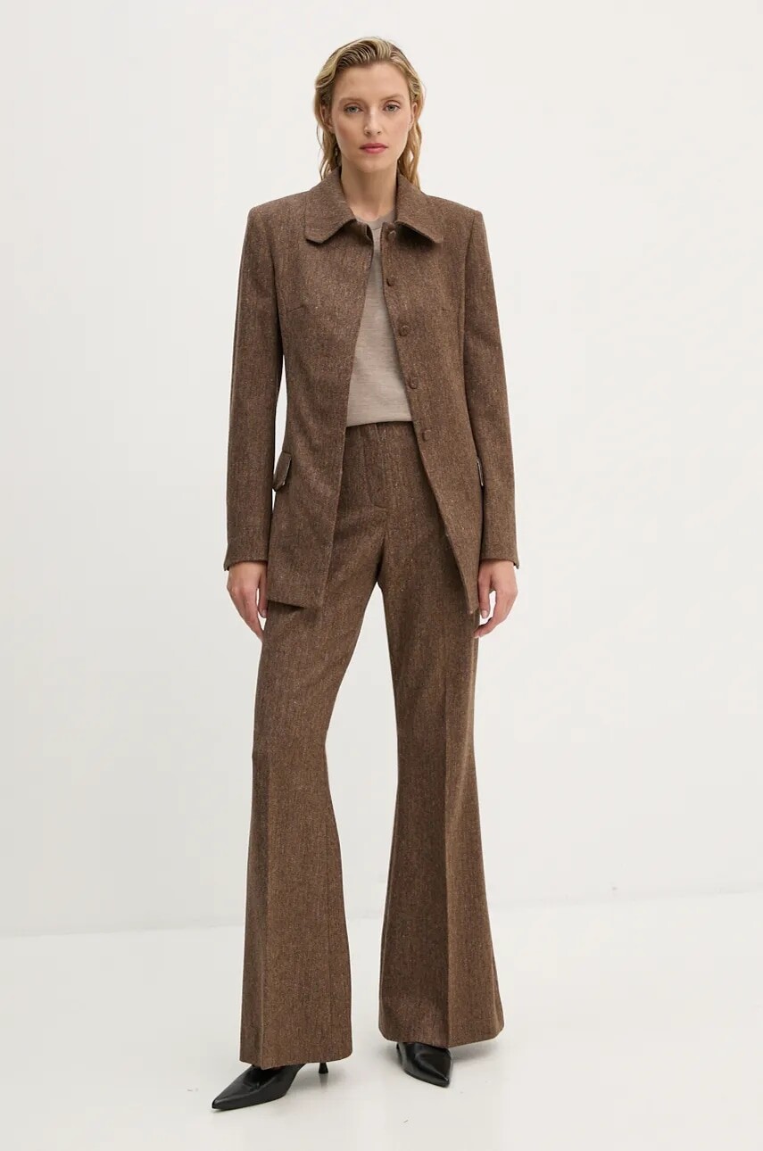 Vlnené nohavice Remain Herringbone Flare Pants hnedá farba, zvony, vysoký pás, 5018622977