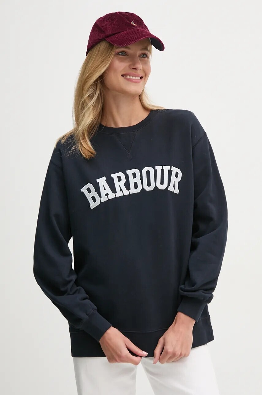 Bavlnená mikina Barbour dámska, tmavomodrá farba, s nášivkou, LOL0591