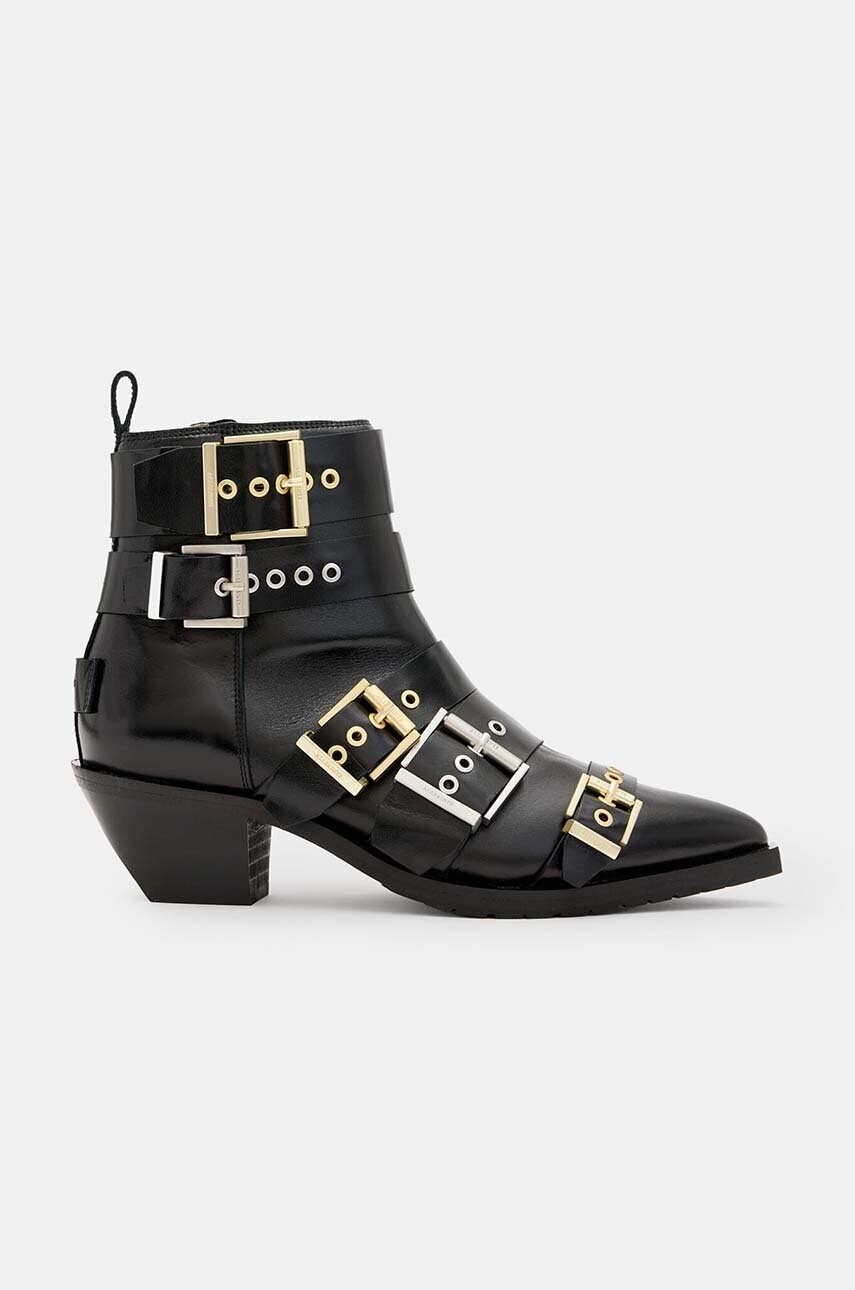 Kožené členkové topánky AllSaints Jane Buckle Boot dámske, čierna farba, na podpätku, W019FB