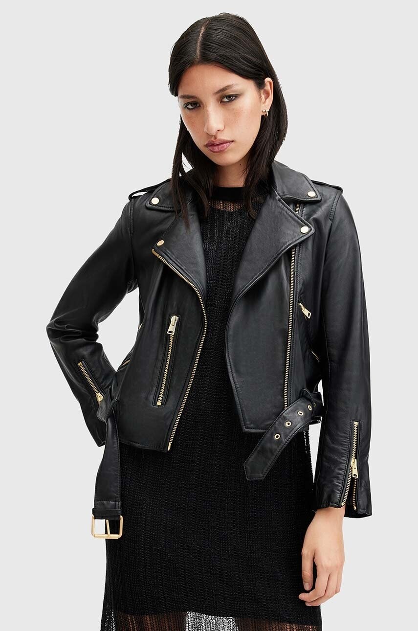 Kožená bunda AllSaints BALFERN BIKER dámska, čierna farba, prechodná, W084LB