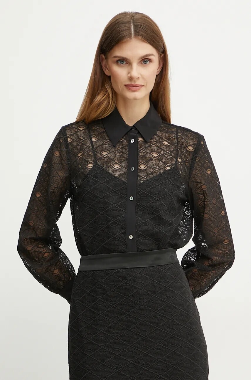 Košeľa Karl Lagerfeld dámska, čierna farba, regular, s klasickým golierom, 246W1609