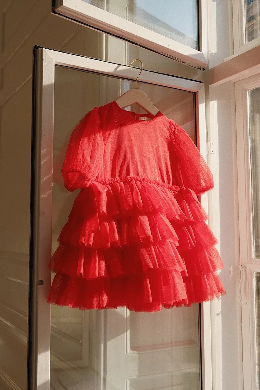 Dievčenské šaty Konges Sløjd FAY DRESS GRS červená farba, mini, áčkový strih, KS101971