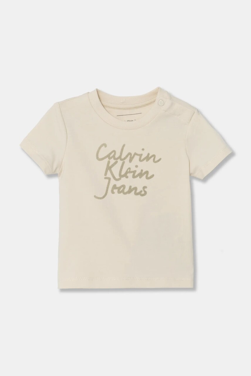 Detské bavlnené tričko Calvin Klein Jeans béžová farba, s potlačou, IN0IN00261