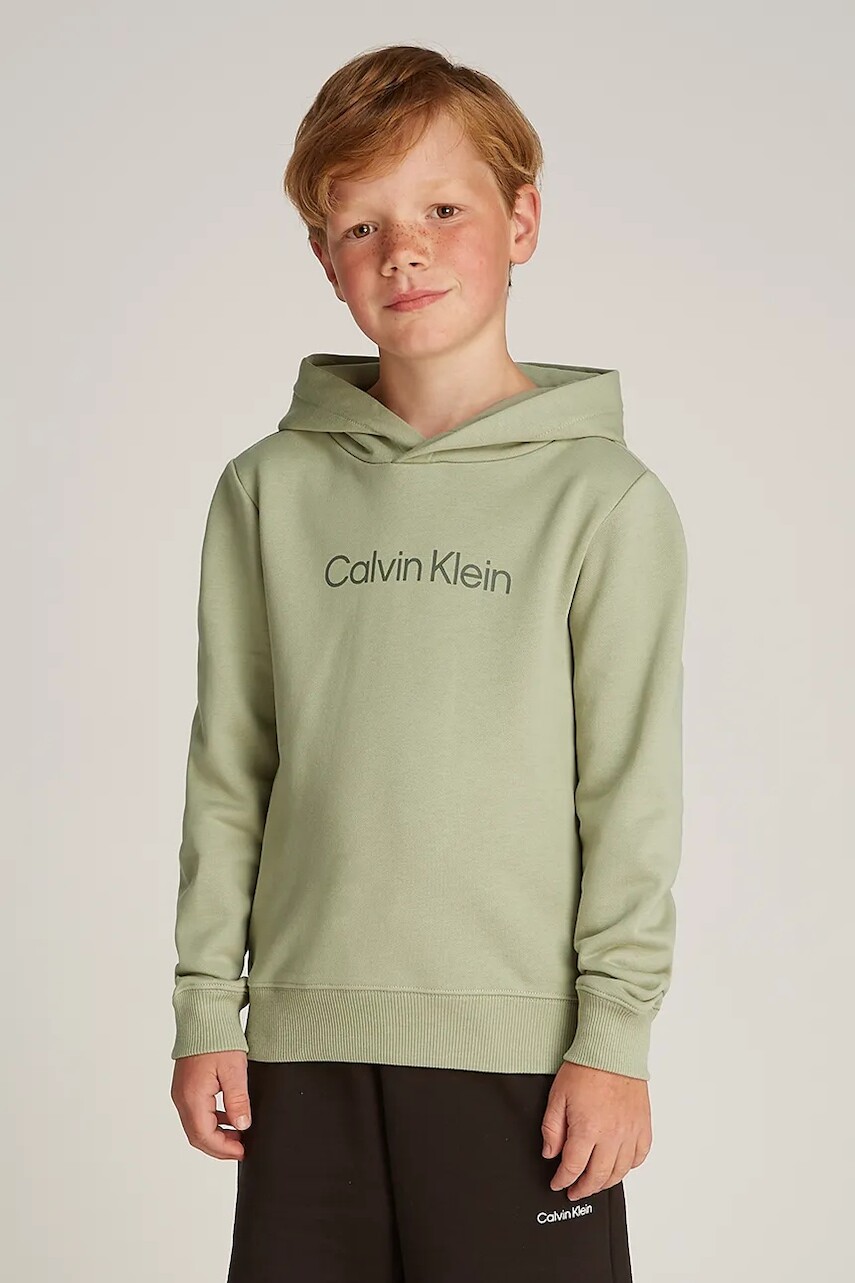 Detská bavlnená mikina Calvin Klein Jeans zelená farba, s kapucňou, s nášivkou, IU0IU00679