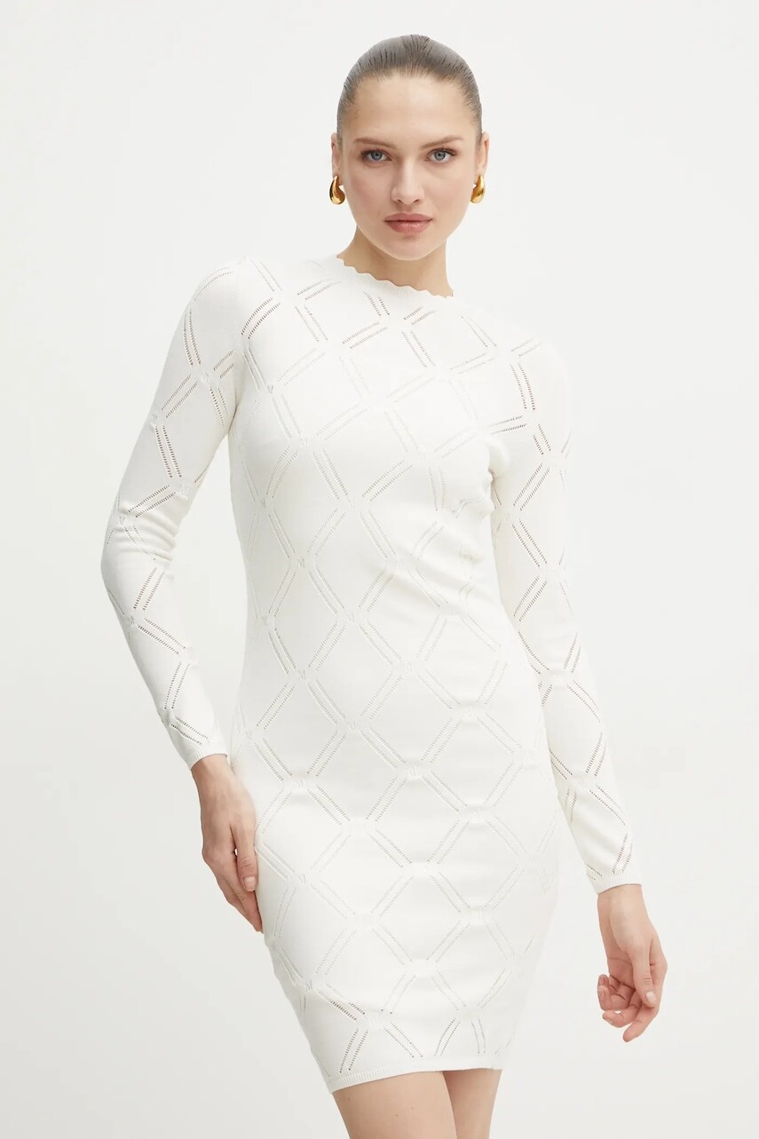 Šaty s prímesou hodvábu Marciano Guess ANNA béžová farba, mini, priliehavé, 5RGK06 5857Z
