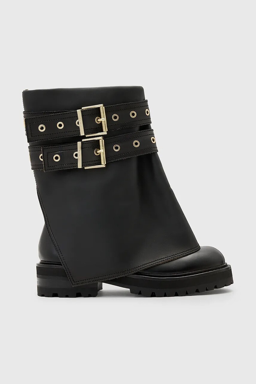 Kožené členkové topánky AllSaints Drew Boot dámske, čierna farba, na plochom podpätku, W158FB