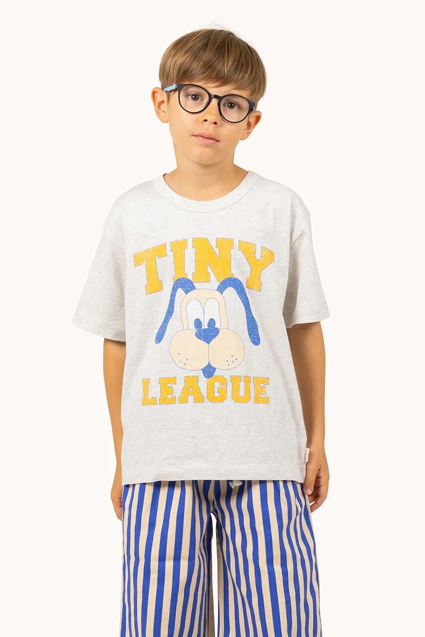 Detské bavlnené tričko Tinycottons TINY LEAGUE GRAPHIC TEE šedá farba, s potlačou, SS25-079