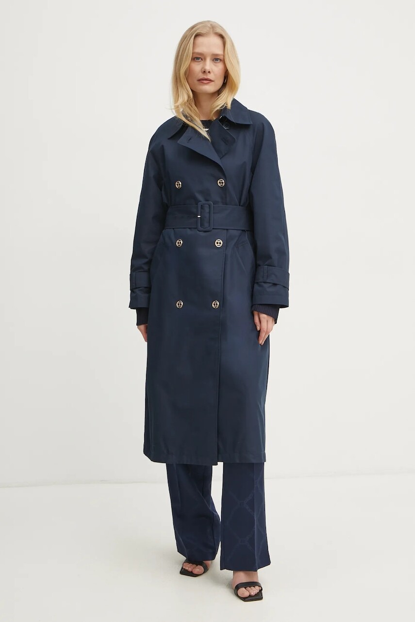 Trenčkot Twinset dámsky, tmavomodrá farba, prechodný, dvojradový, 251TP2660