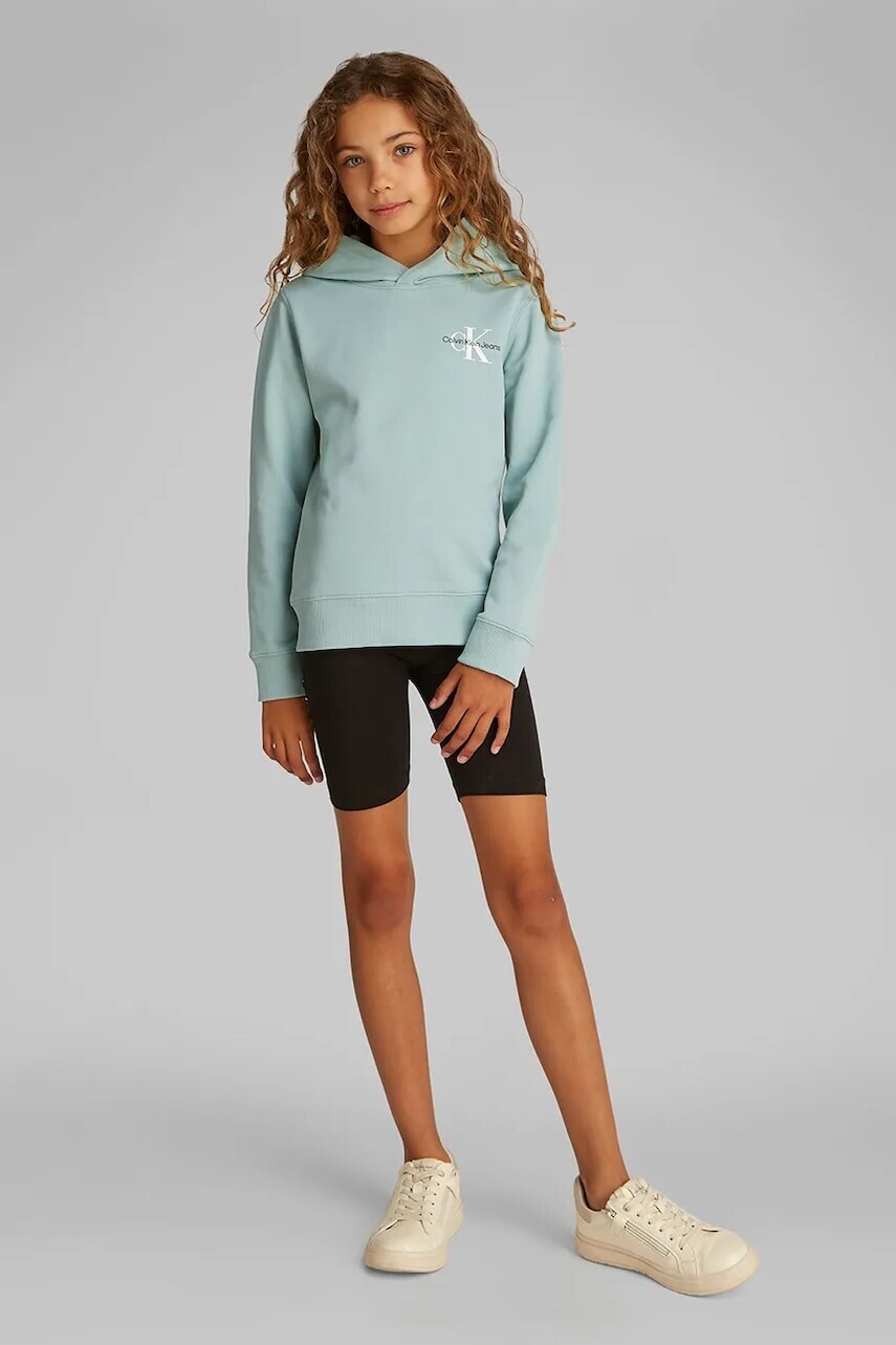Detská bavlnená mikina Calvin Klein Jeans tyrkysová farba, s kapucňou, s potlačou, IU0IU00266