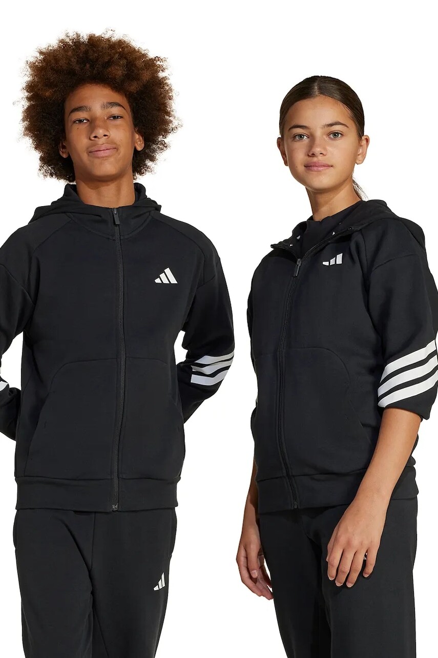Detská mikina adidas čierna farba, s kapucňou, s potlačou, JJ4801