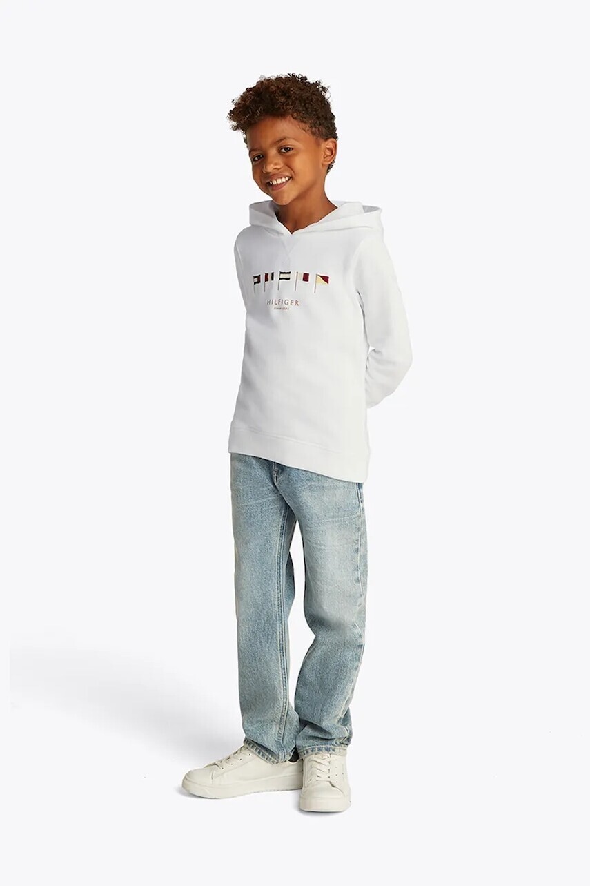 Detská bavlnená mikina Tommy Hilfiger biela farba, s kapucňou, s nášivkou, KB0KB09576