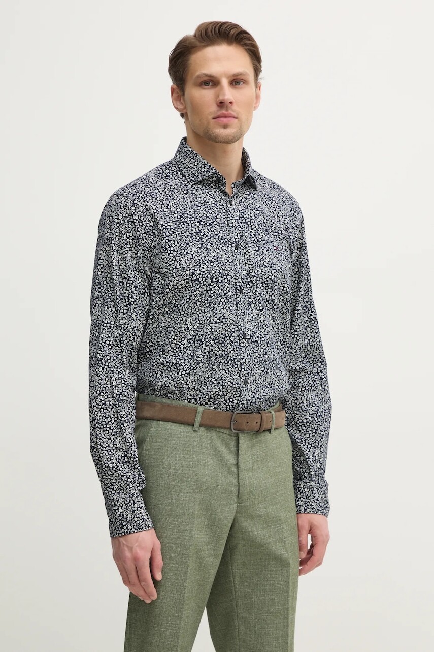 Bavlnená košeľa Tommy Hilfiger pánska, tmavomodrá farba, slim, s talianskym golierom, MW0MW38999