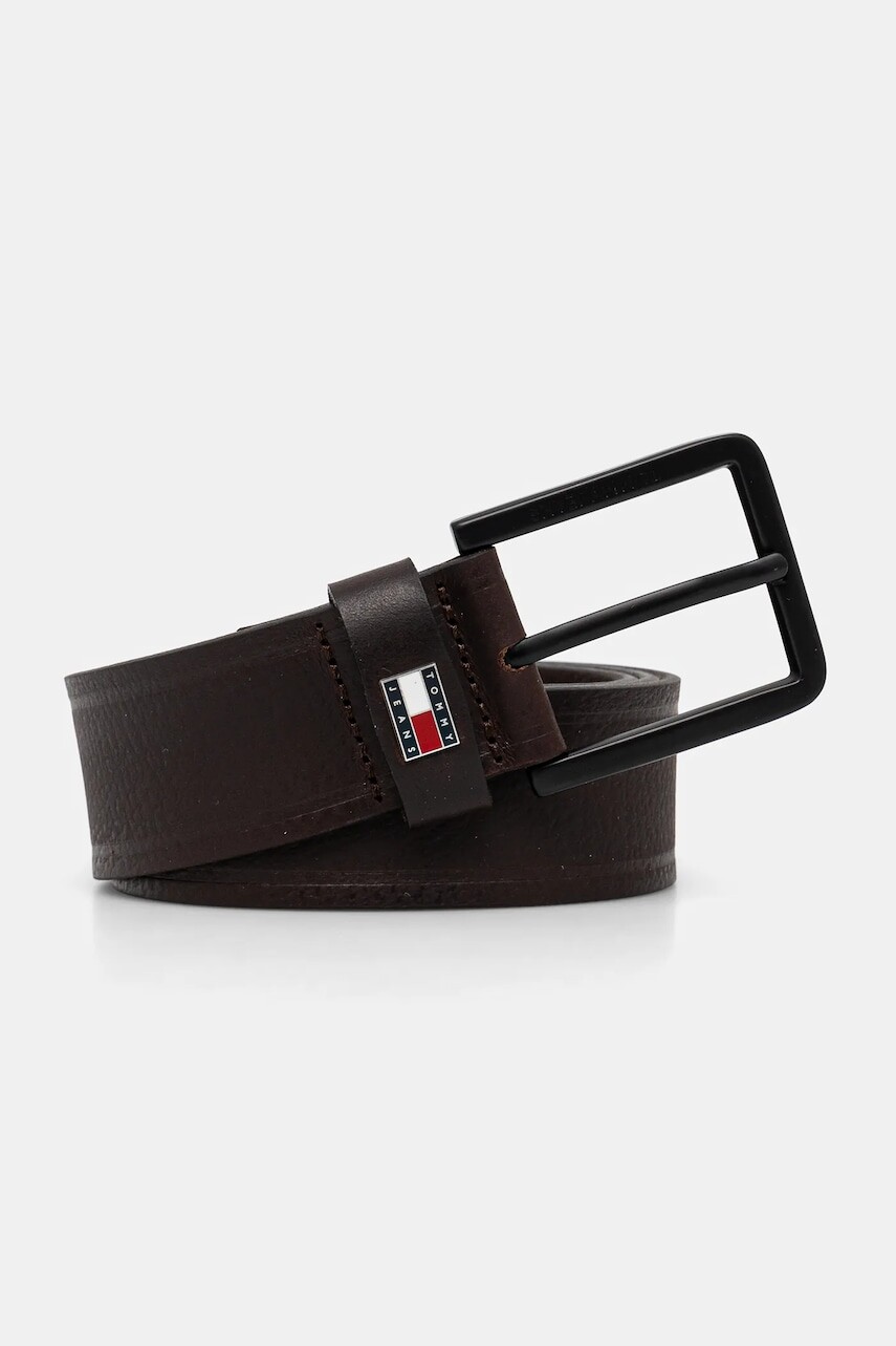 Kožený opasok Tommy Jeans pánsky, hnedá farba, AM0AM13291