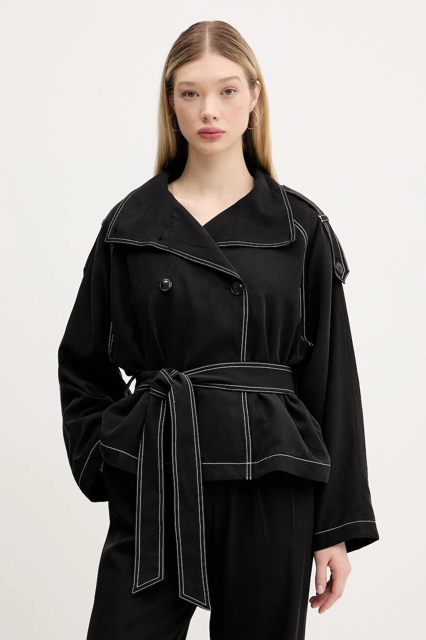 Kabát s prímesou ľanu HUGO dámsky, čierna farba, prechodný, oversize, 50536642