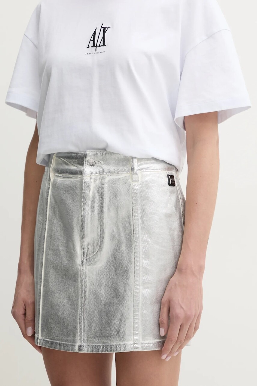 Bavlnená sukňa Armani Exchange strieborná farba, mini, rovný strih, XW000099 AF10836