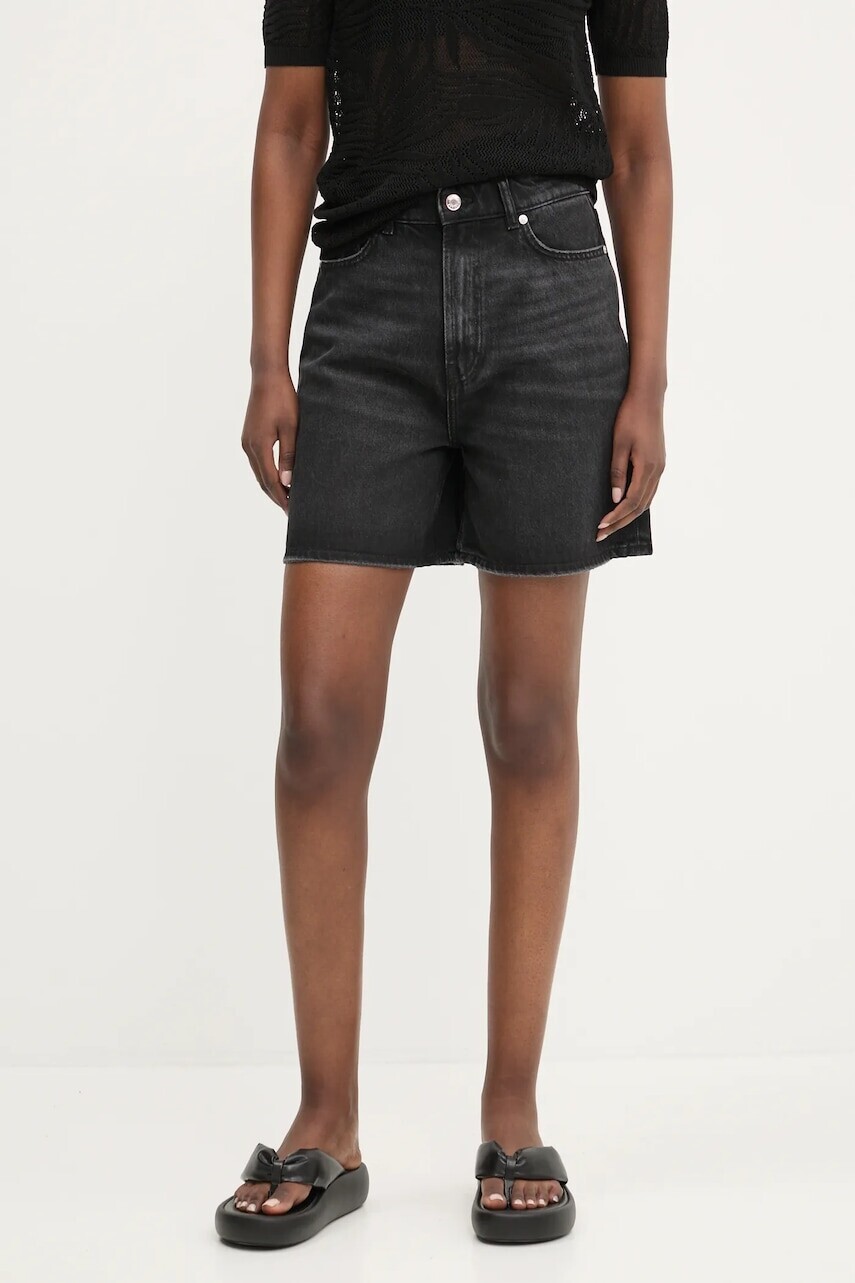 Rifľové krátke nohavice HUGO dámske, čierna farba, jednofarebné, vysoký pás, 50538855