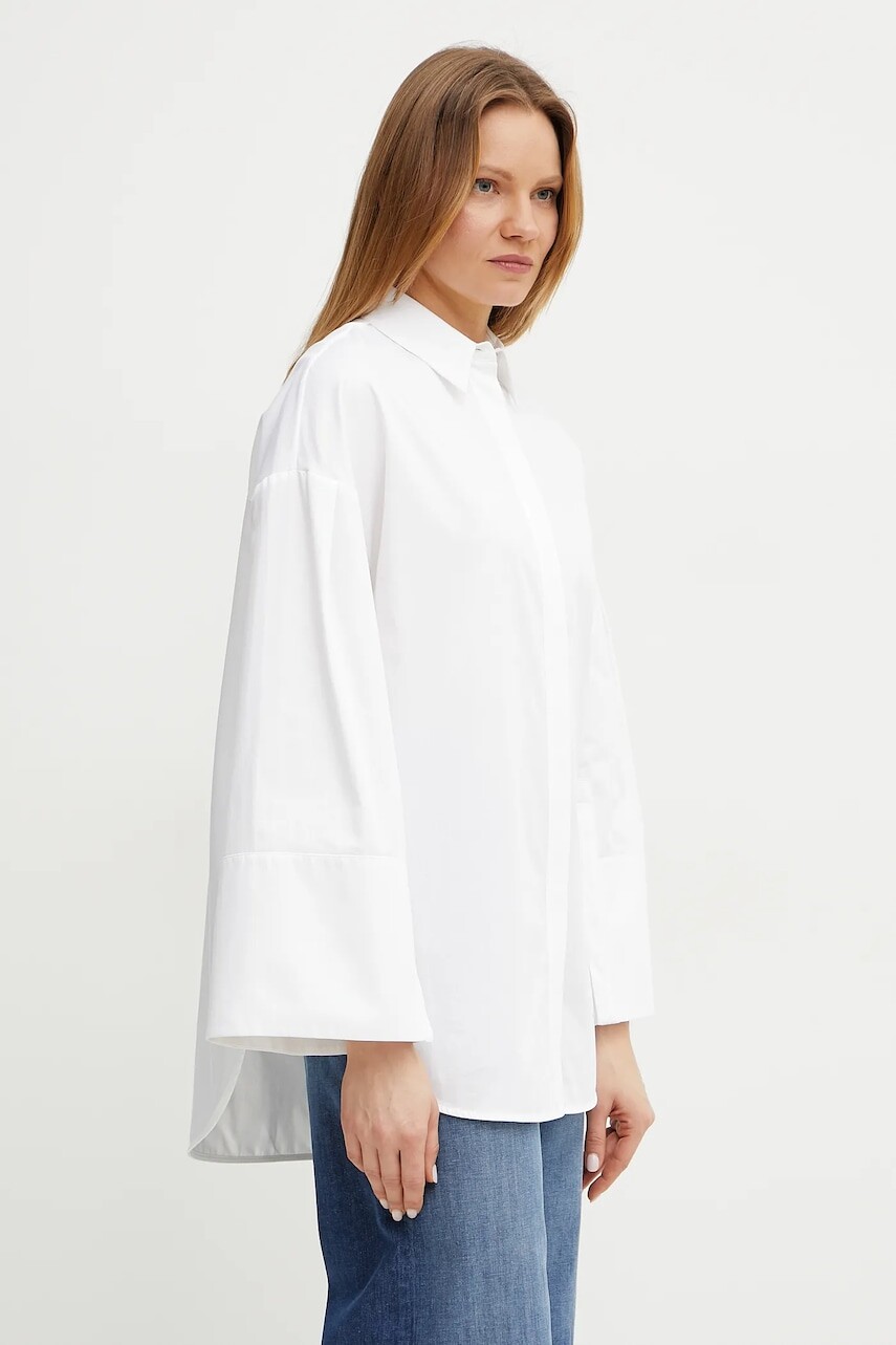 Bavlnená košeľa MM dámska, biela farba, voľný strih, s klasickým golierom, 2516191017600