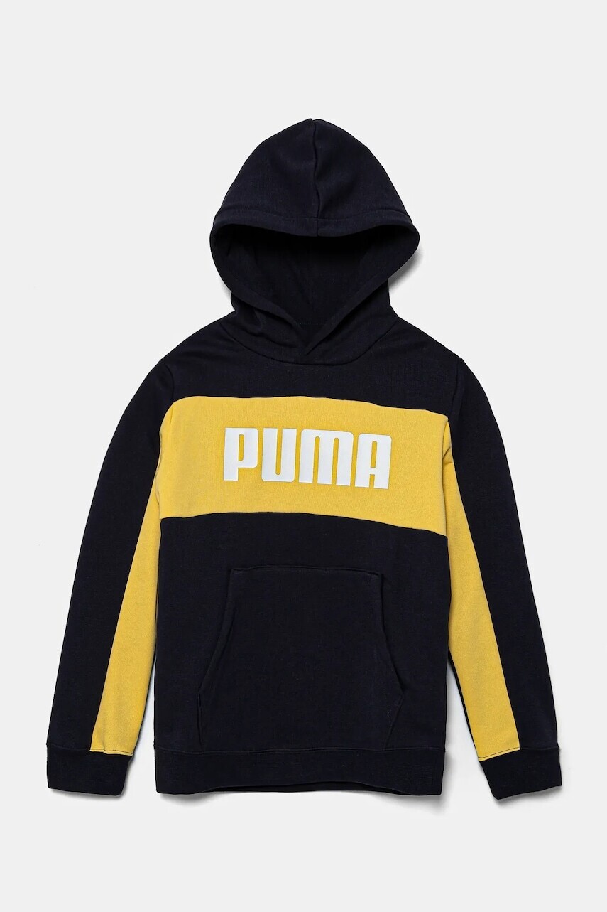 Detská mikina Puma ESS BLOCK Hoodie TR tmavomodrá farba, s kapucňou, s potlačou, 685819