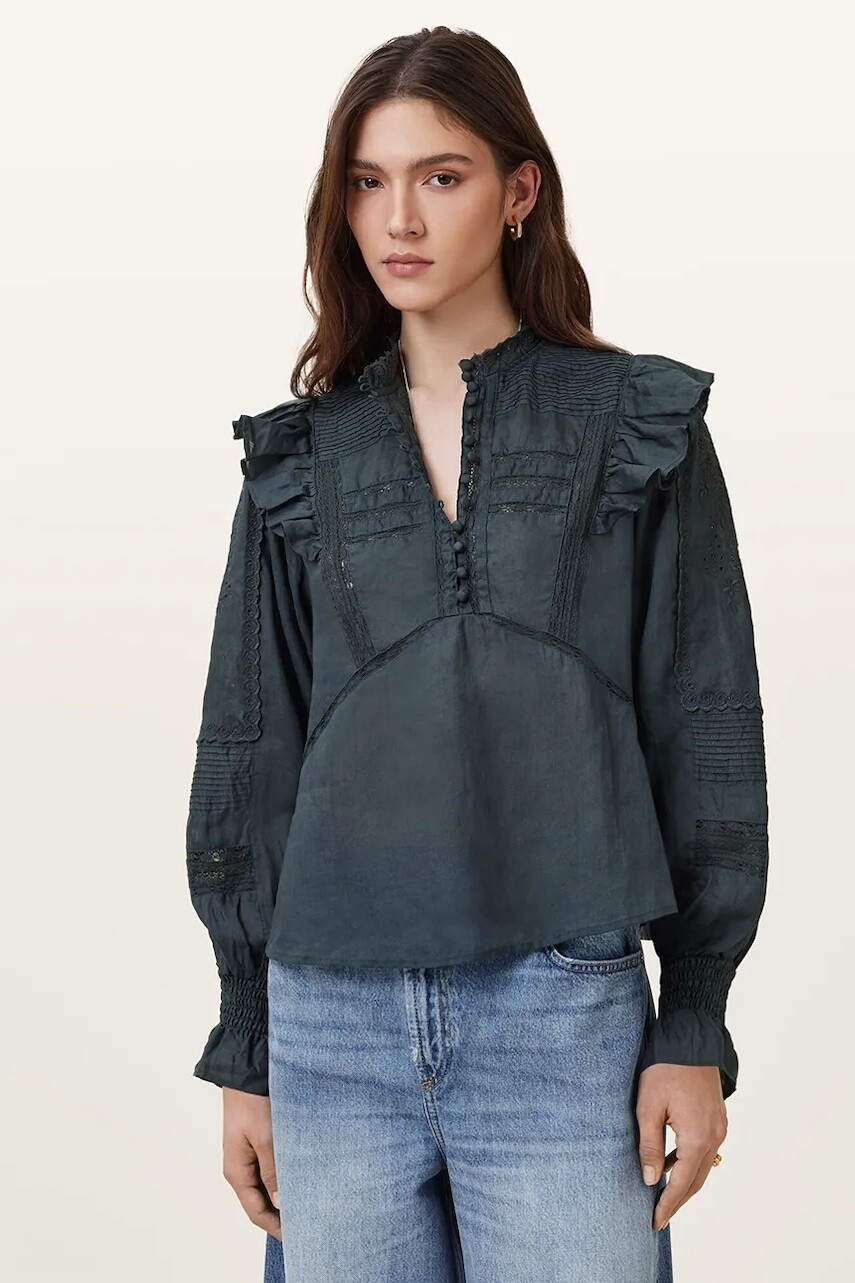Bavlnená blúzka AllSaints HEATHER dámska, tmavomodrá farba, jednofarebná, W038PC