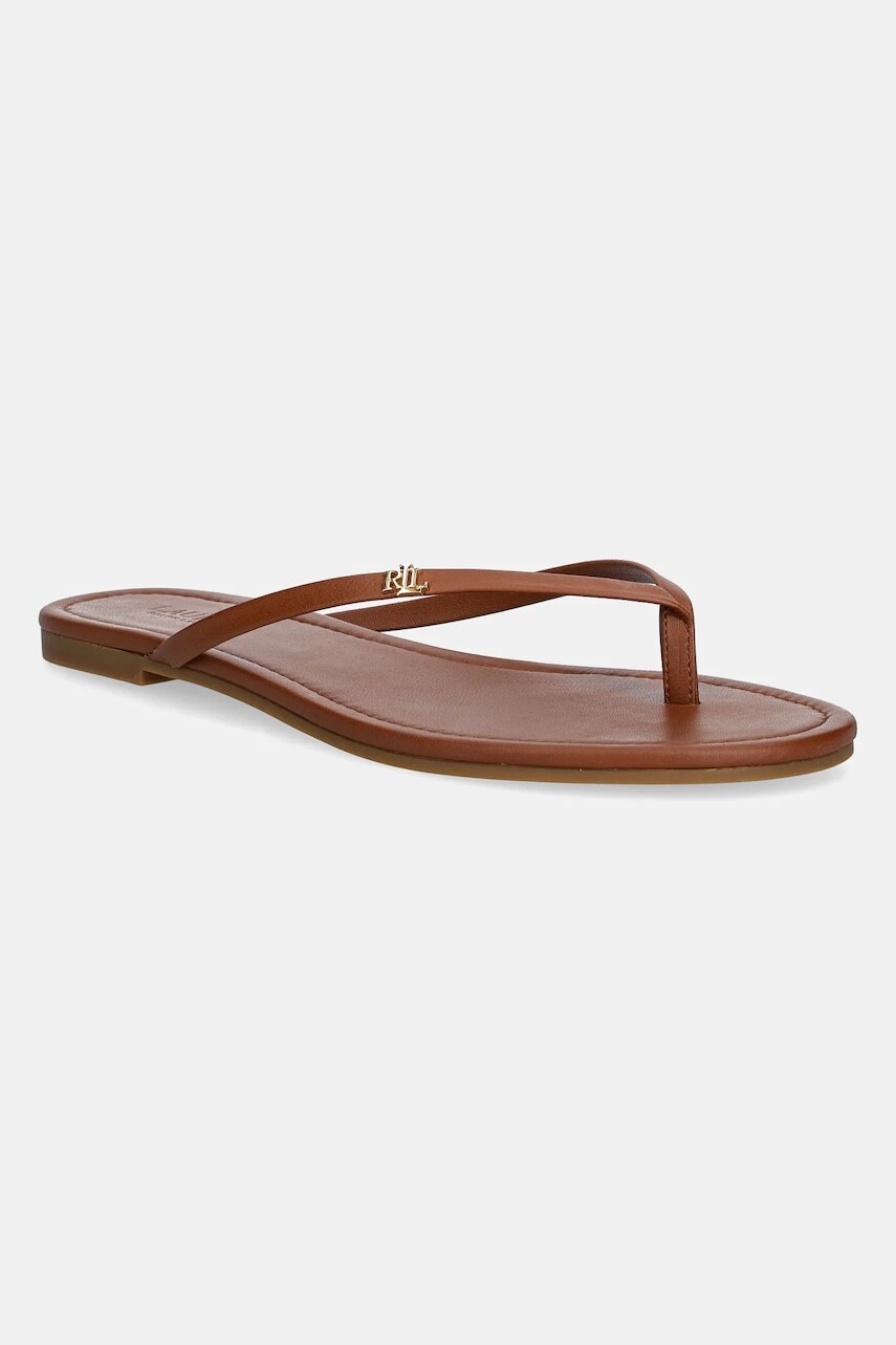 Kožené žabky Lauren Ralph Lauren Raquel dámske, hnedá farba, na plochom podpätku, 802953931006