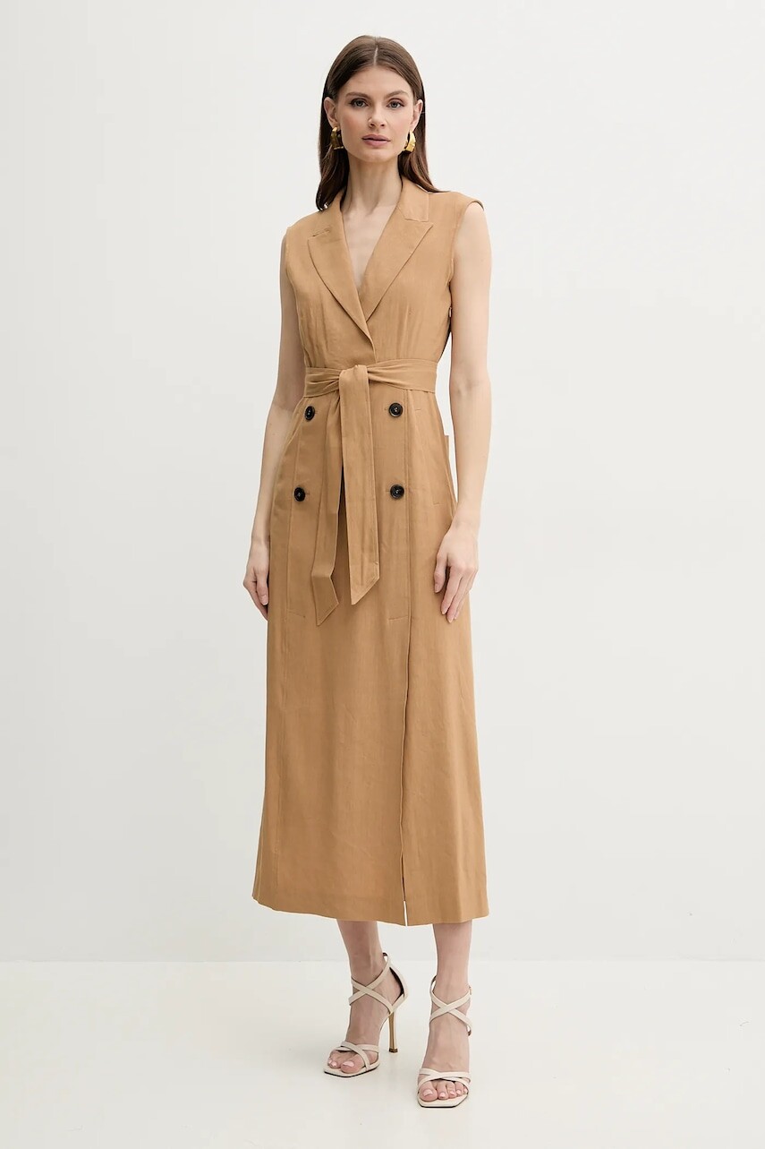 Ľanové šaty Marella DADA hnedá farba, maxi, áčkový strih, 2513221061200