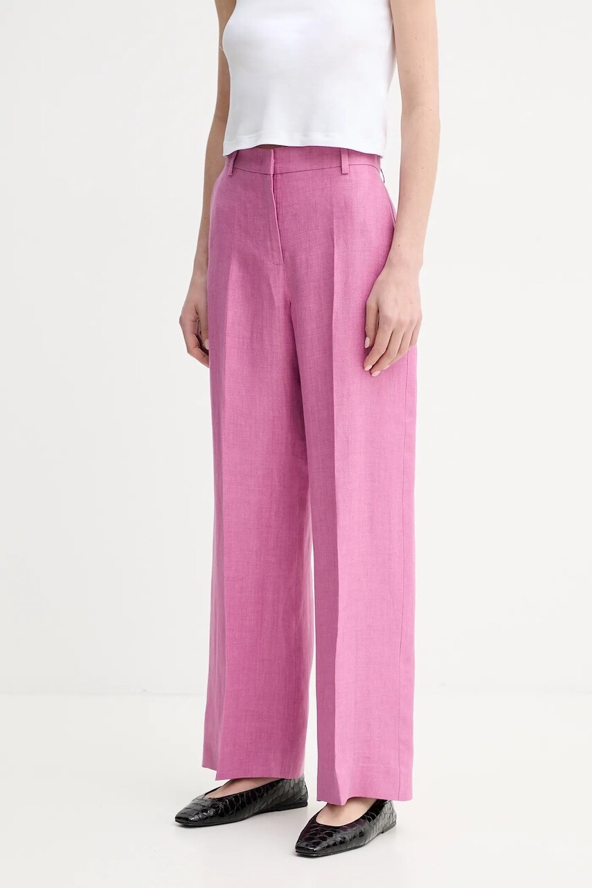 Ľanové nohavice Weekend Max Mara dámske, ružová farba, široké, vysoký pás, 2515131052600