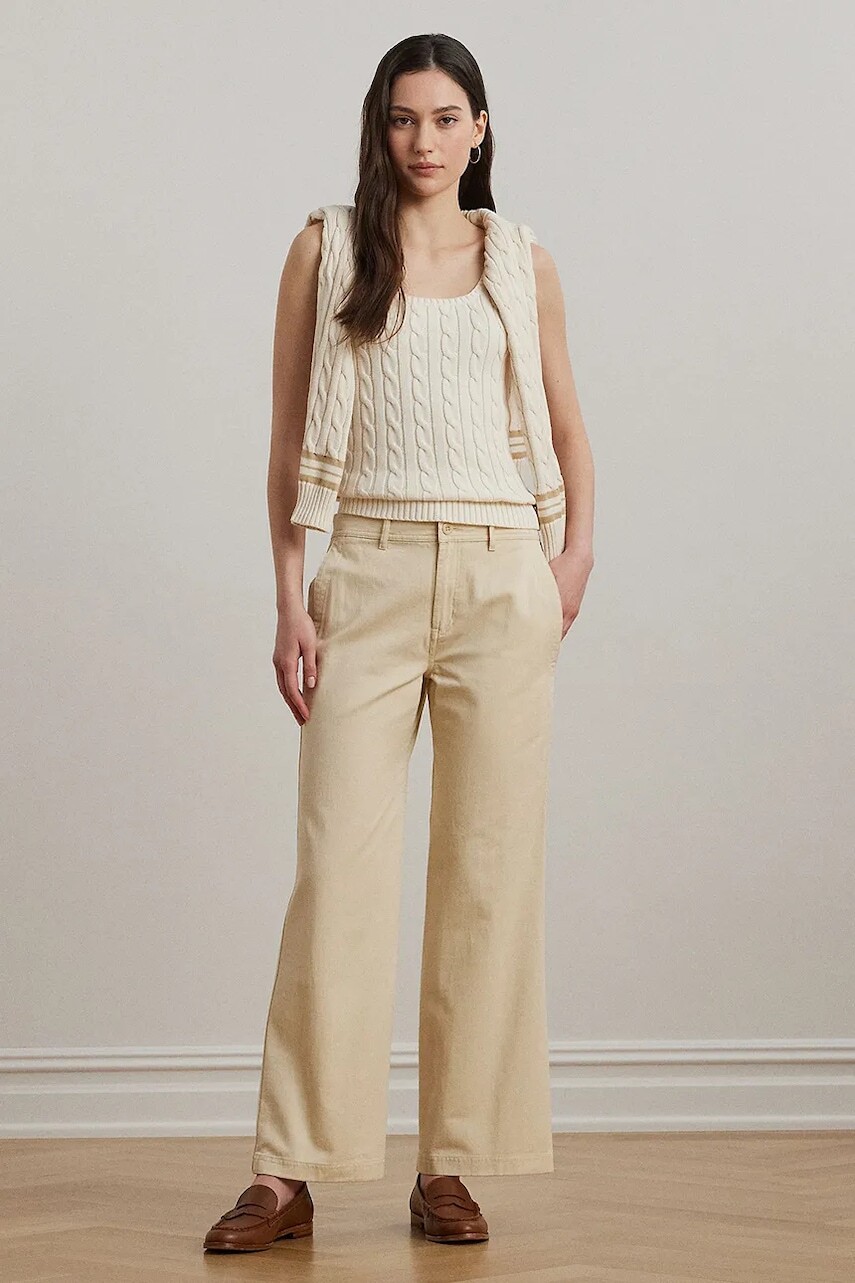 Bavlnené nohavice Lauren Ralph Lauren dámske, béžová farba, široké, vysoký pás, 200965654