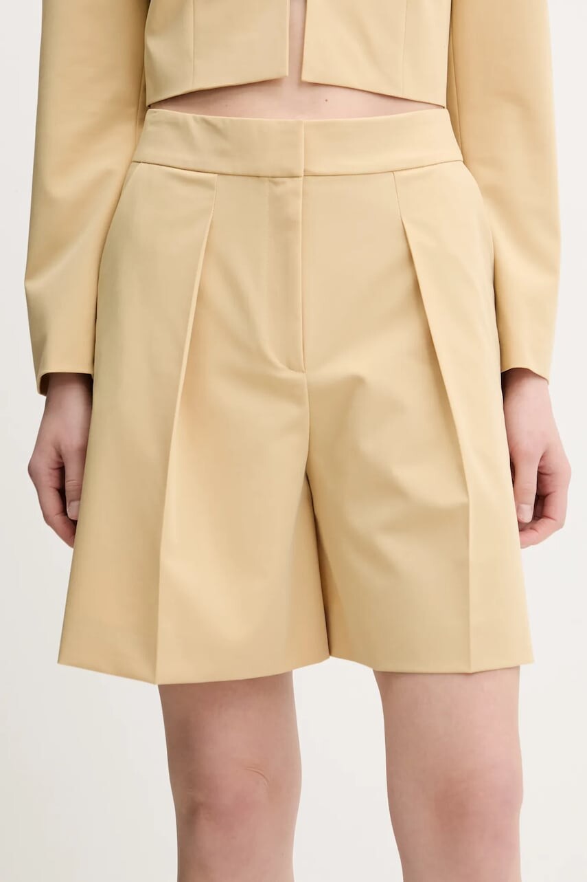 Šortky HUGO dámske, béžová farba, jednofarebné, vysoký pás, 50537900