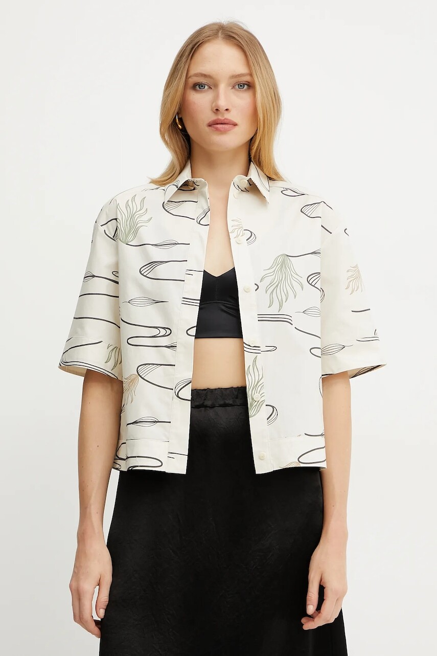 Bavlnená košeľa MM dámska, béžová farba, voľný strih, s klasickým golierom, 2516111038600