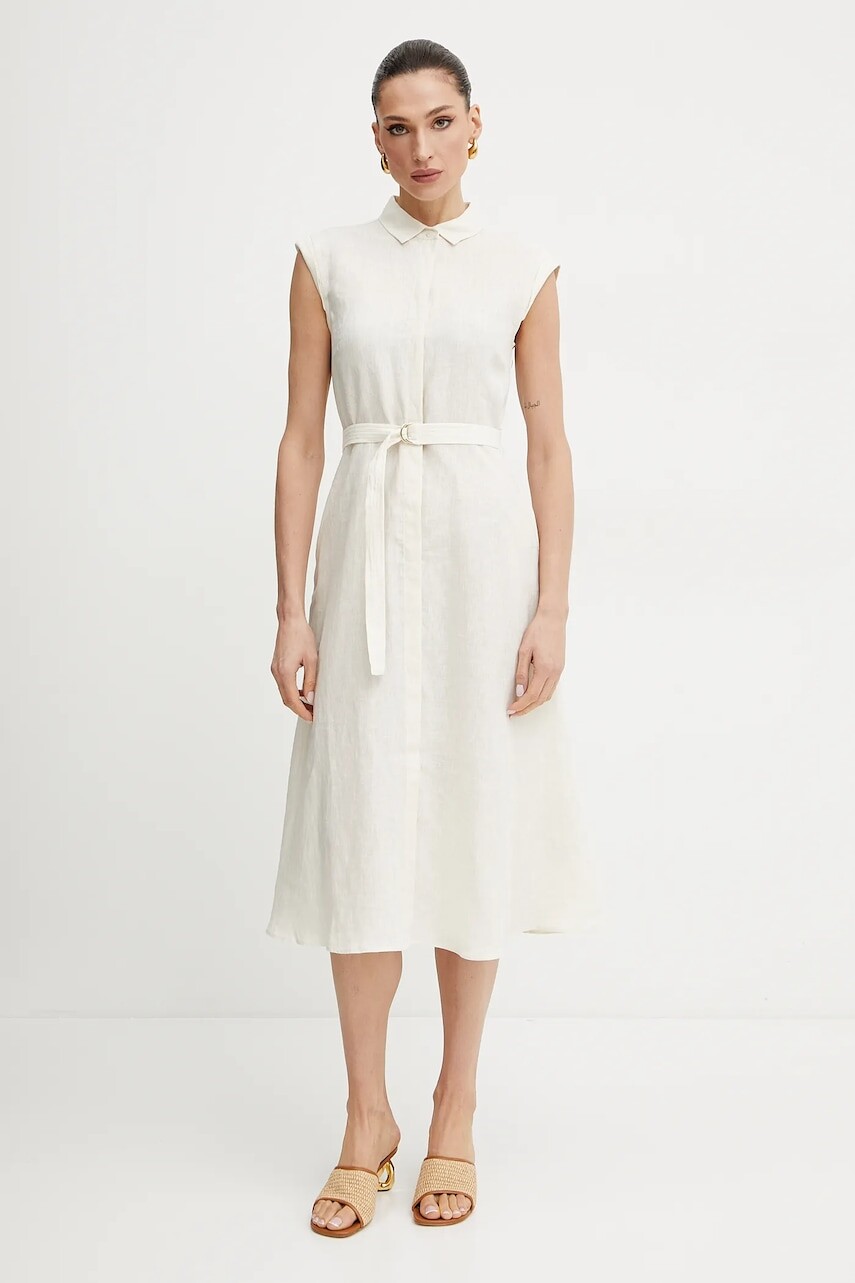 Ľanové šaty Marella Emme by Marella béžová farba, midi, rovný strih, 2515221262200