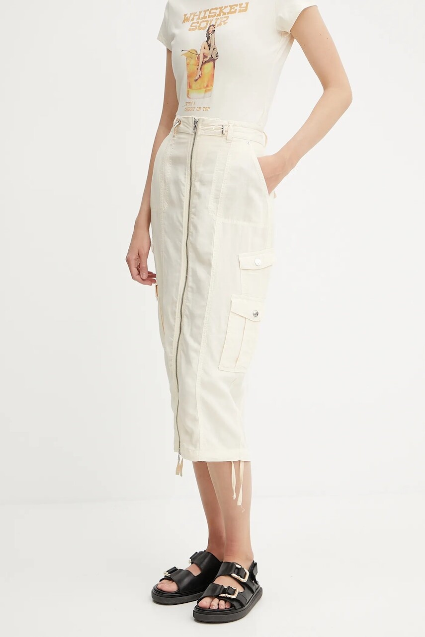 Sukňa s prímesou ľanu Guess CASEY béžová farba, midi, rovný strih, W5GD1H WG8N0