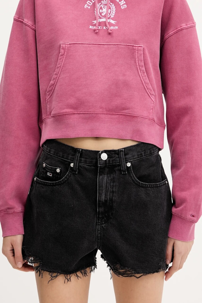 Rifľové krátke nohavice Tommy Jeans čierna farba, jednofarebné, vysoký pás, DW0DW20097