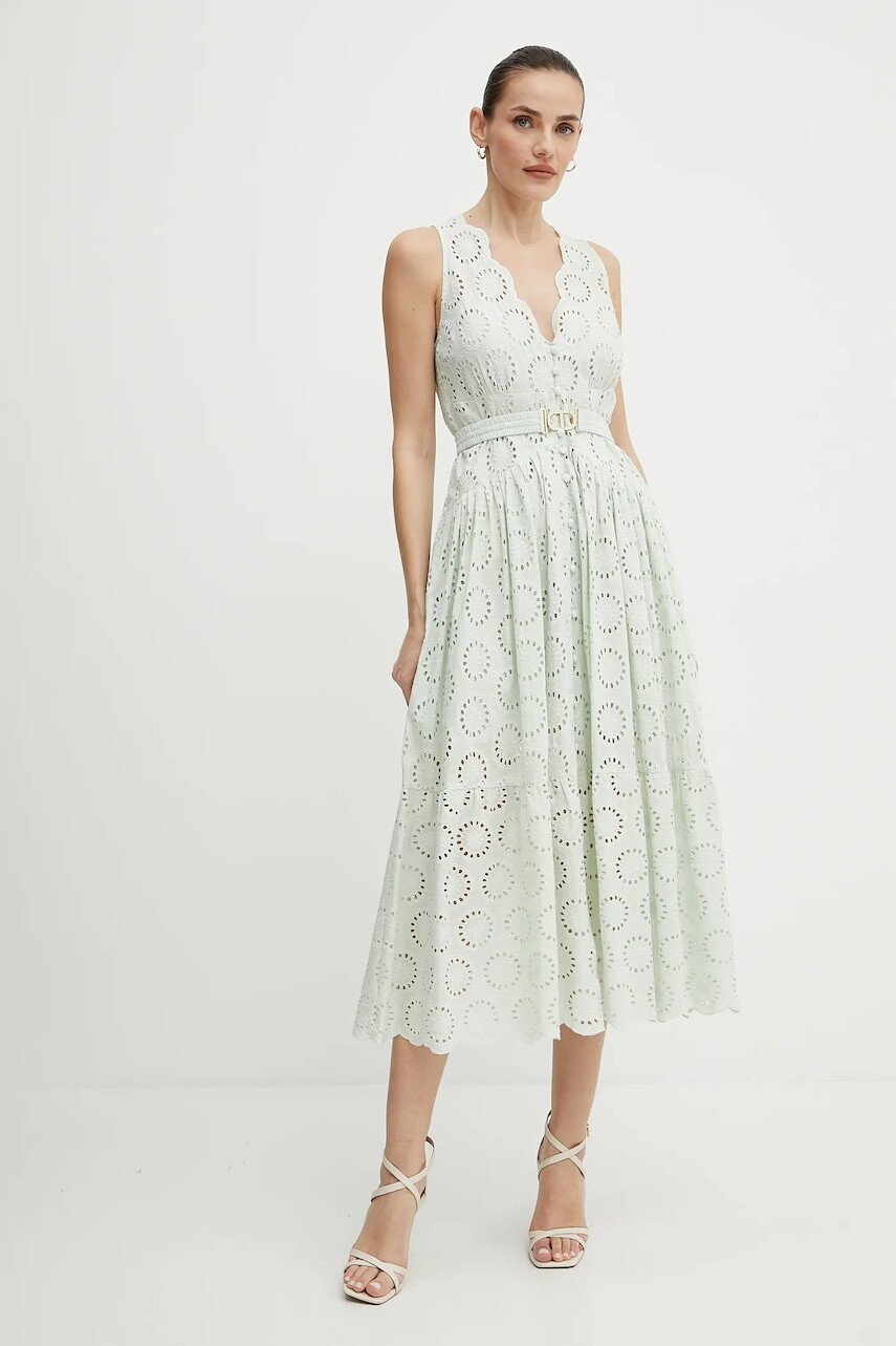 Bavlnené šaty Twinset zelená farba, mini, áčkový strih, 251TT2360