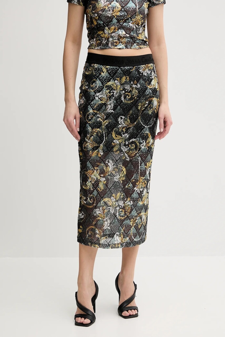 Sukňa Versace Jeans Couture čierna farba, midi, rovný strih, 78HAE806 JS443