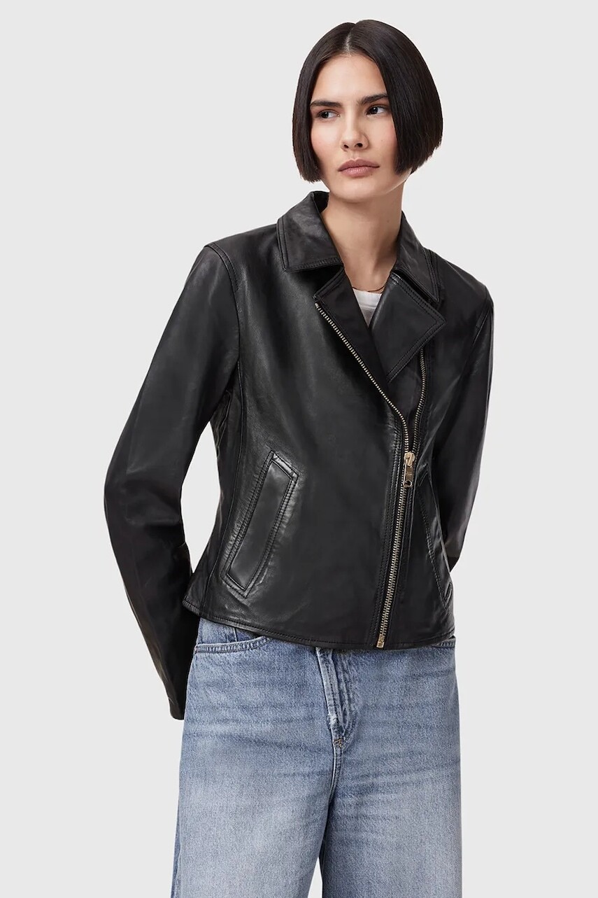 Kožená bunda AllSaints VELA čierna farba, prechodná, W089LB