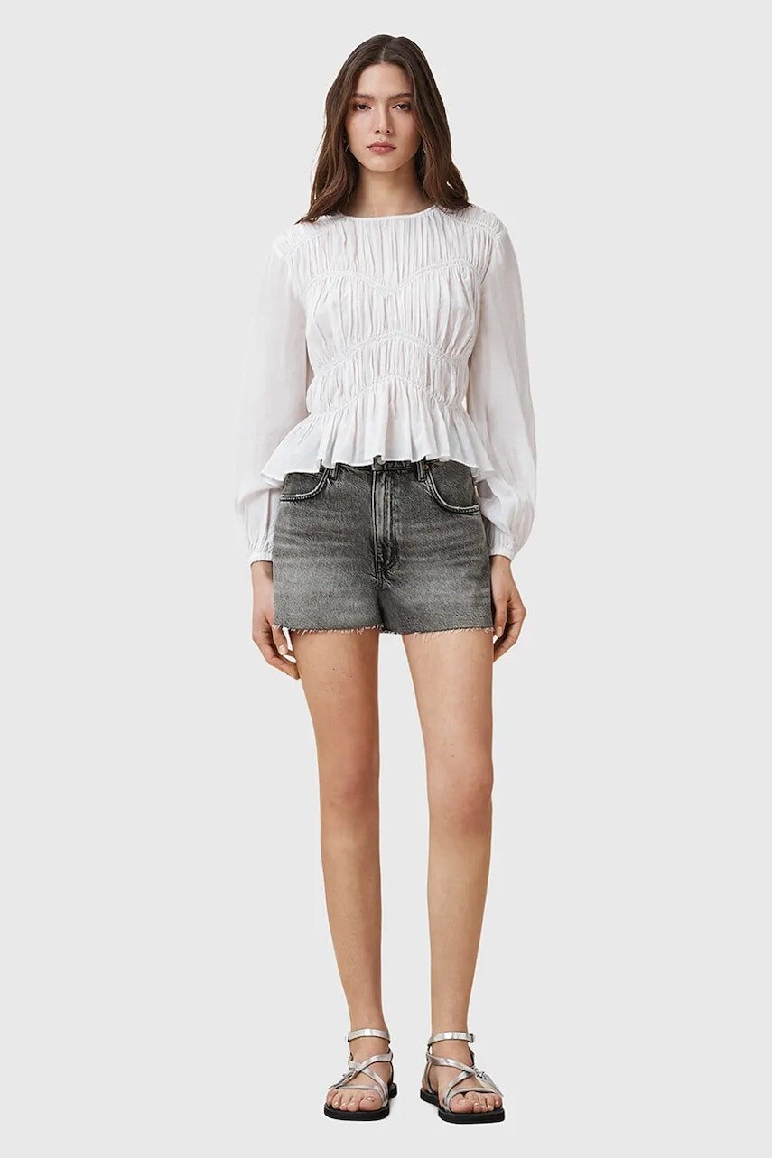 Rifľové krátke nohavice AllSaints TATE šedá farba, jednofarebné, vysoký pás, W076EC