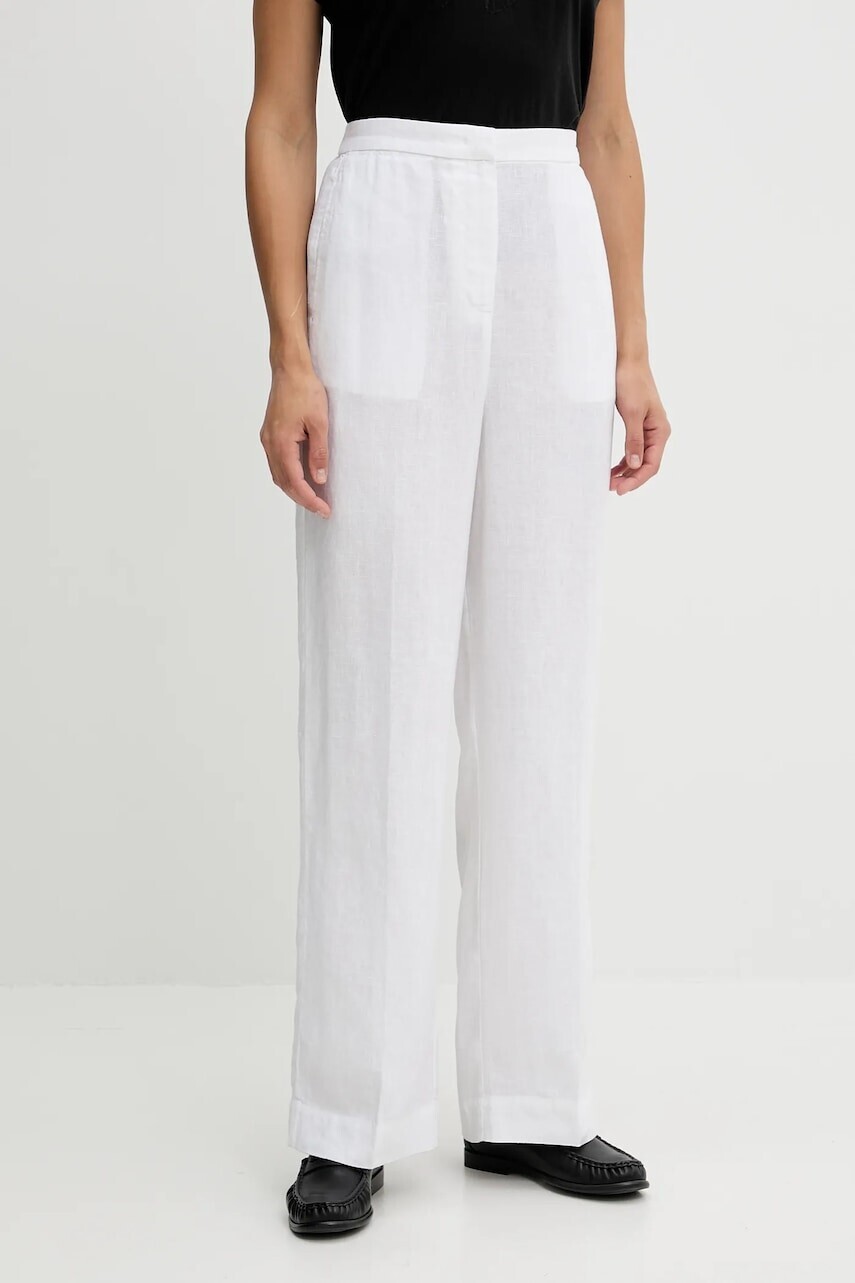 Ľanové nohavice Tommy Hilfiger biela farba, široké, vysoký pás, WW0WW46823