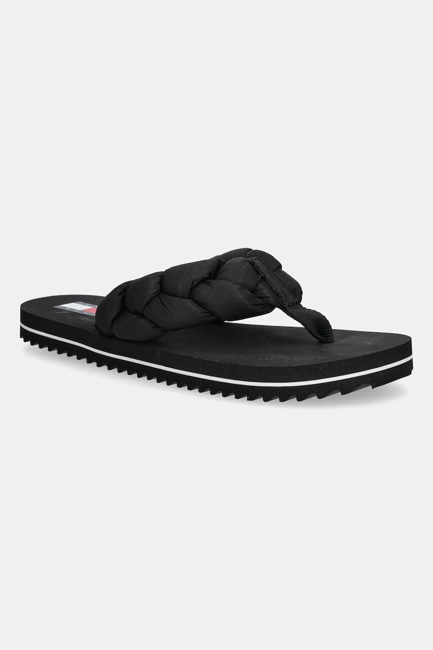 Šľapky Tommy Jeans BRAIDED THONG BEACH SANDAL čierna farba, na plochom podpätku, EN0EN02877