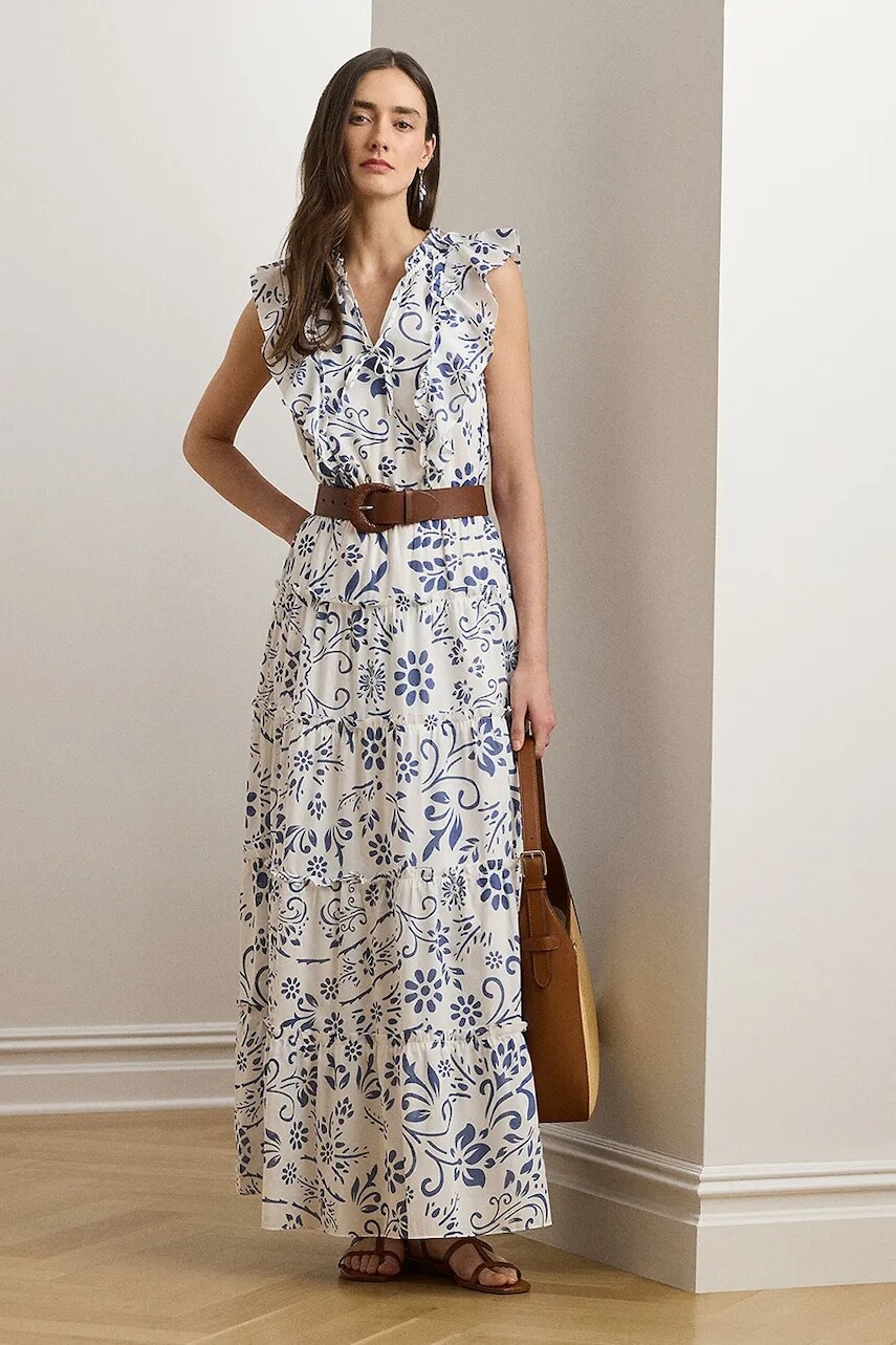 Bavlnené šaty Lauren Ralph Lauren biela farba, maxi, áčkový strih, 200973595