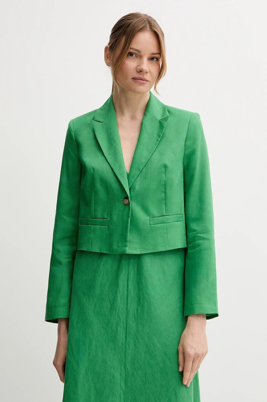 Ľanové sako United Colors of Benetton zelená farba, jednoradové, jednofarebné, 2AGHDW037