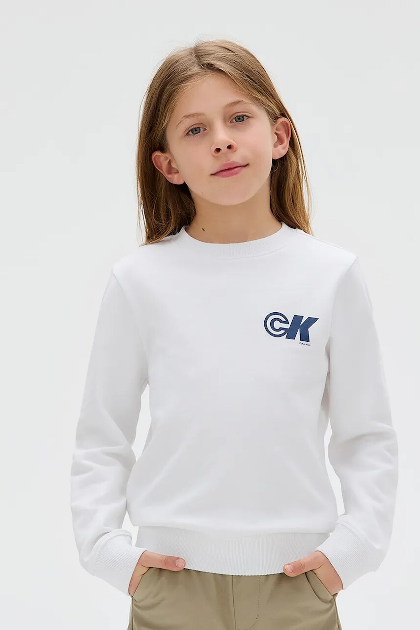 Detská bavlnená mikina Calvin Klein Jeans biela farba, s potlačou, IB0IB02545